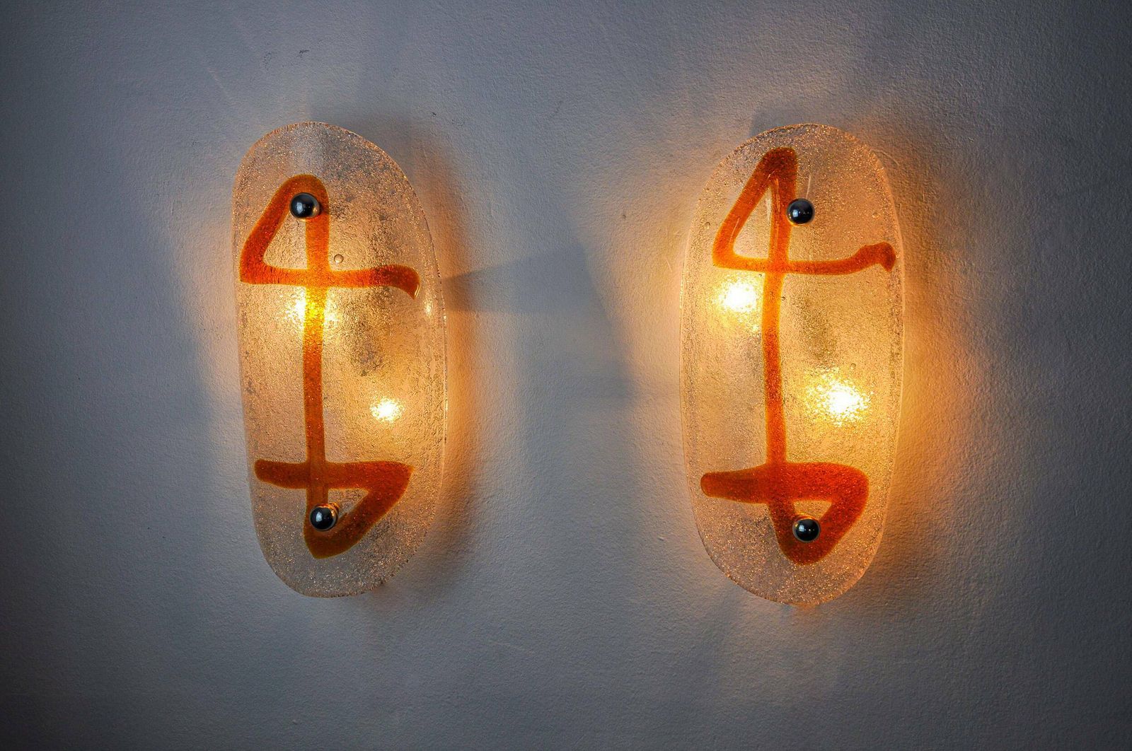 Pair Of Xl Wall Lights By Murano Mazzega In Orange Frosted Glass Italy 1970 photo furniture