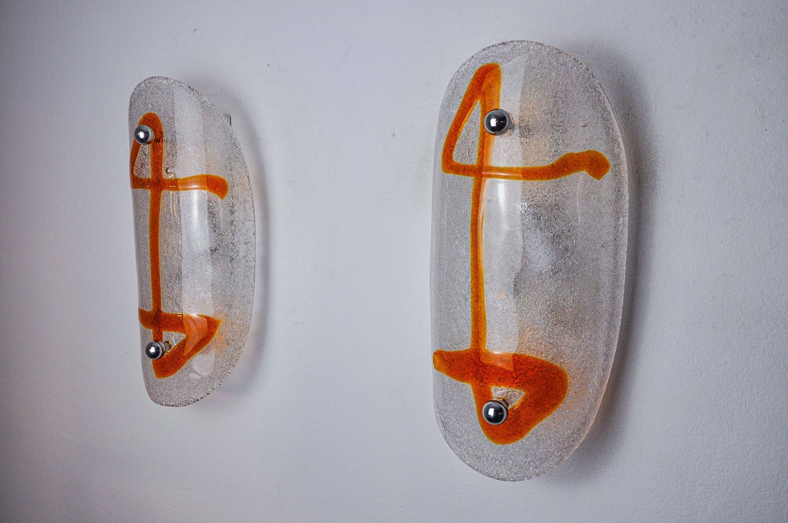 Pair Of Xl Wall Lights By Murano Mazzega In Orange Frosted Glass Italy 1970 photo for sale