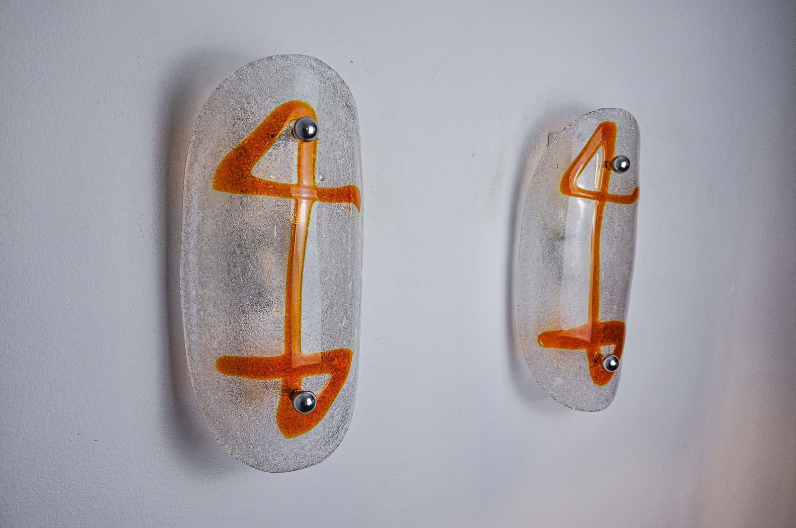 Pair Of Xl Wall Lights By Murano Mazzega In Orange Frosted Glass Italy 1970 photo Lighting