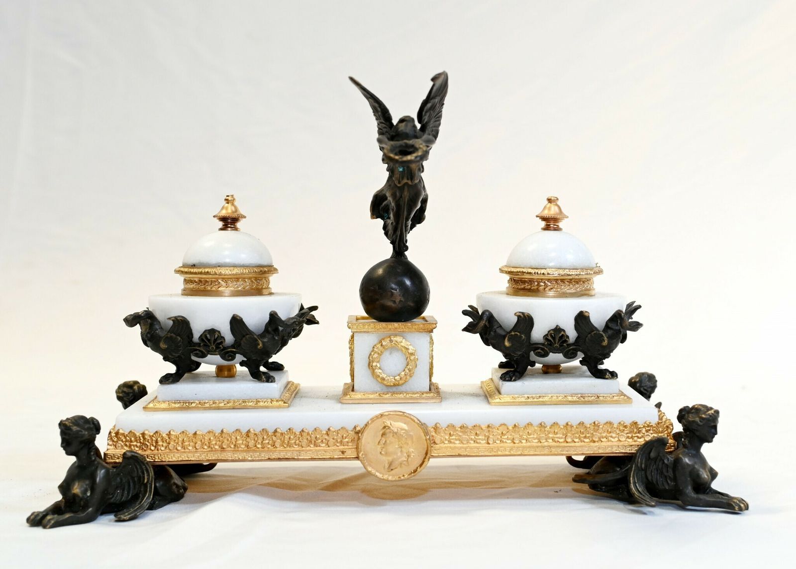 French Empire Marble Inkwell Bronze Sphinx Table