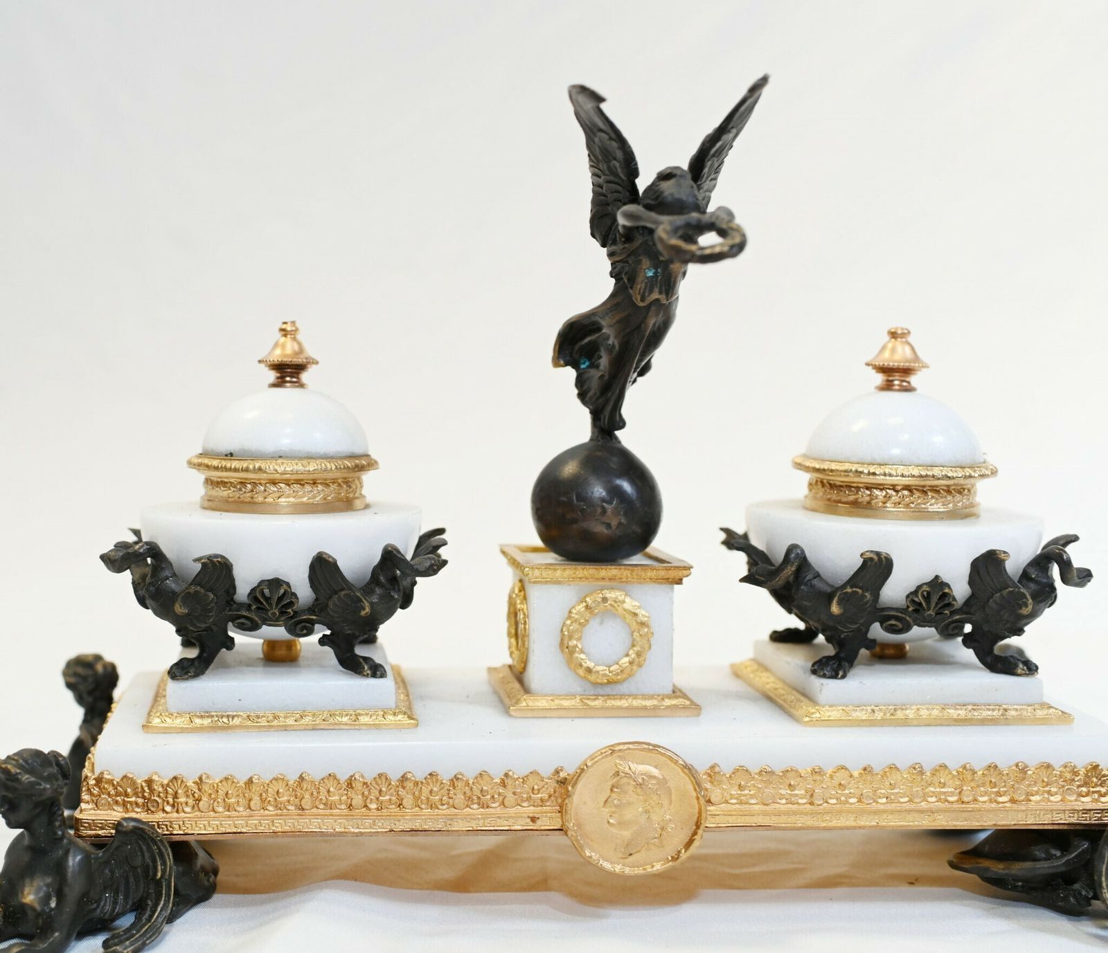 French Empire Marble Inkwell Bronze Sphinx Table photo vintage