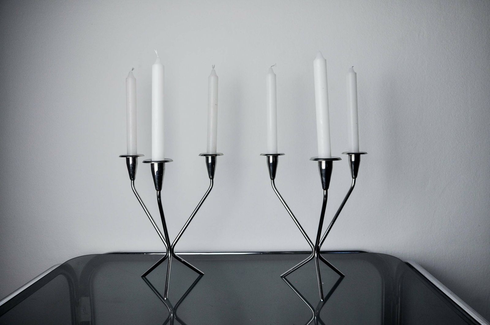Pair Of Art Deco Stainless Steel 3 Flame Candlesticks, Spain, 1970 photo furniture