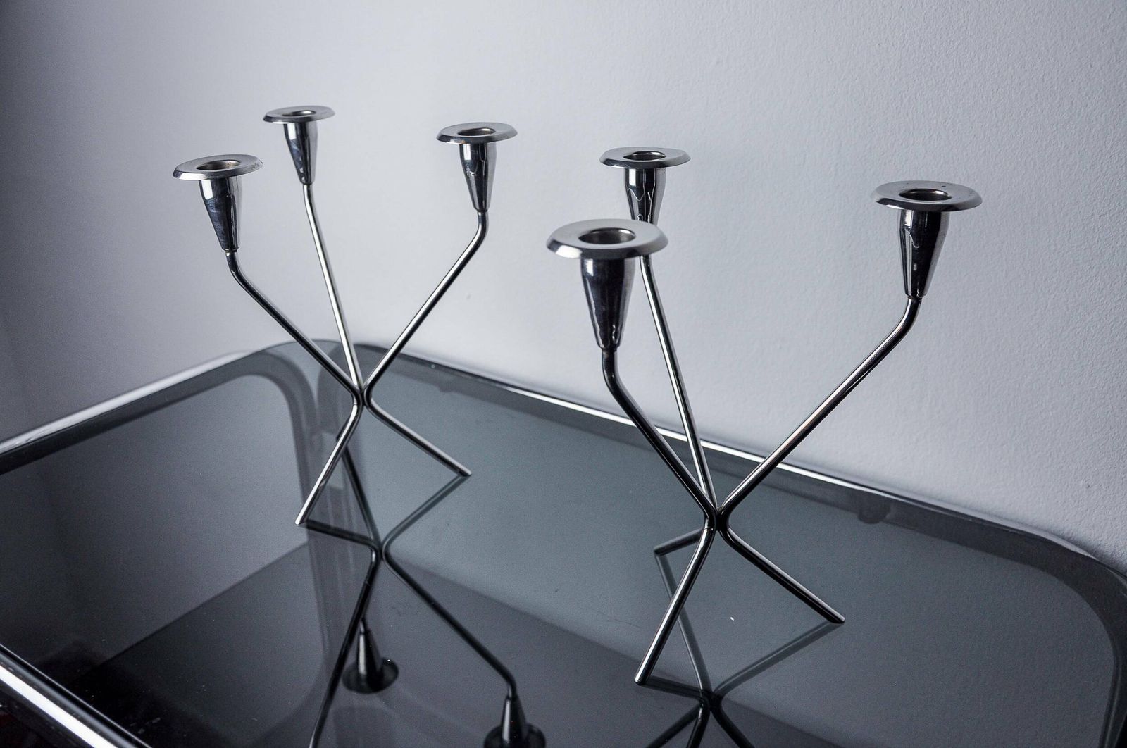 Pair Of Art Deco Stainless Steel 3 Flame Candlesticks, Spain, 1970 photo Home Decor