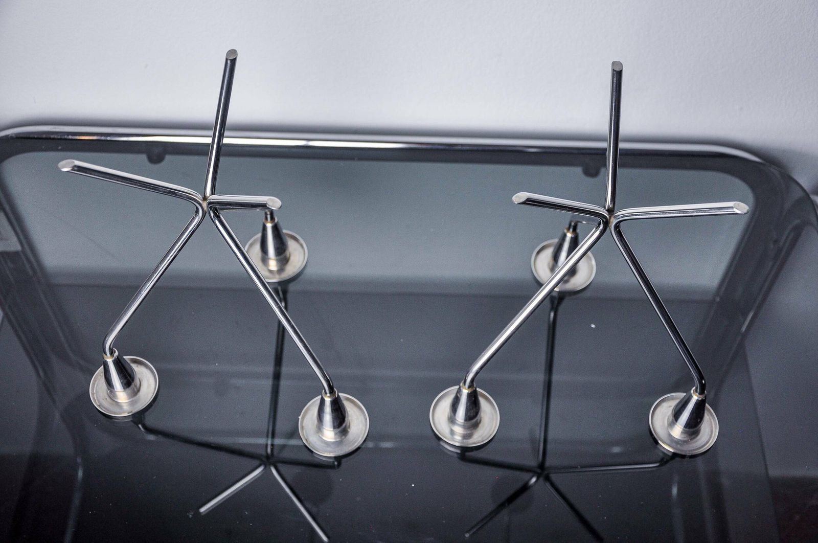 Pair Of Art Deco Stainless Steel 3 Flame Candlesticks, Spain, 1970 photo buy