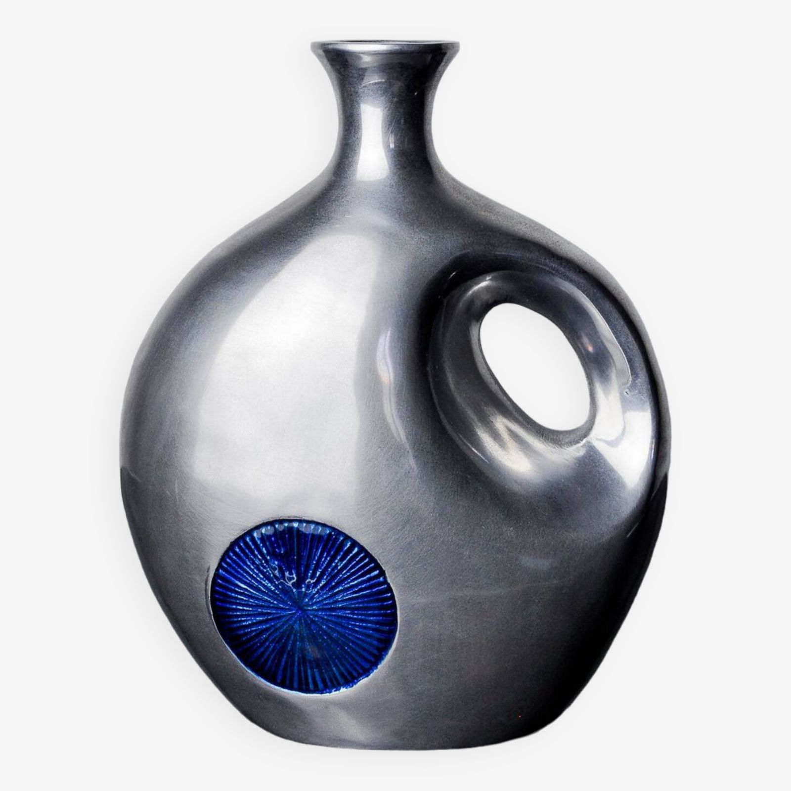Biomorphic Vase By Art3, Aluminum And Blue Glazed Ceramic, Spain, 1980