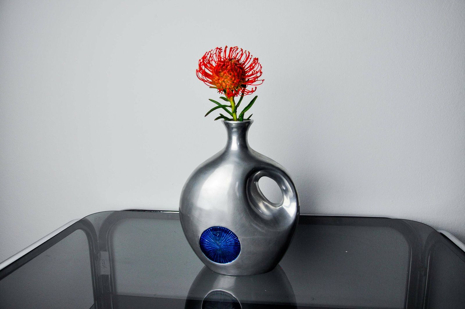 Biomorphic Vase By Art3, Aluminum And Blue Glazed Ceramic, Spain, 1980 photo furniture