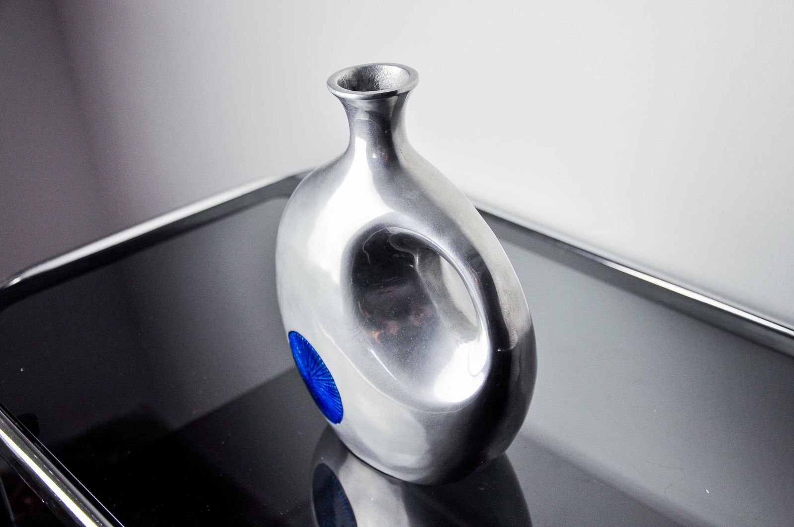 Biomorphic Vase By Art3, Aluminum And Blue Glazed Ceramic, Spain, 1980 photo for sale
