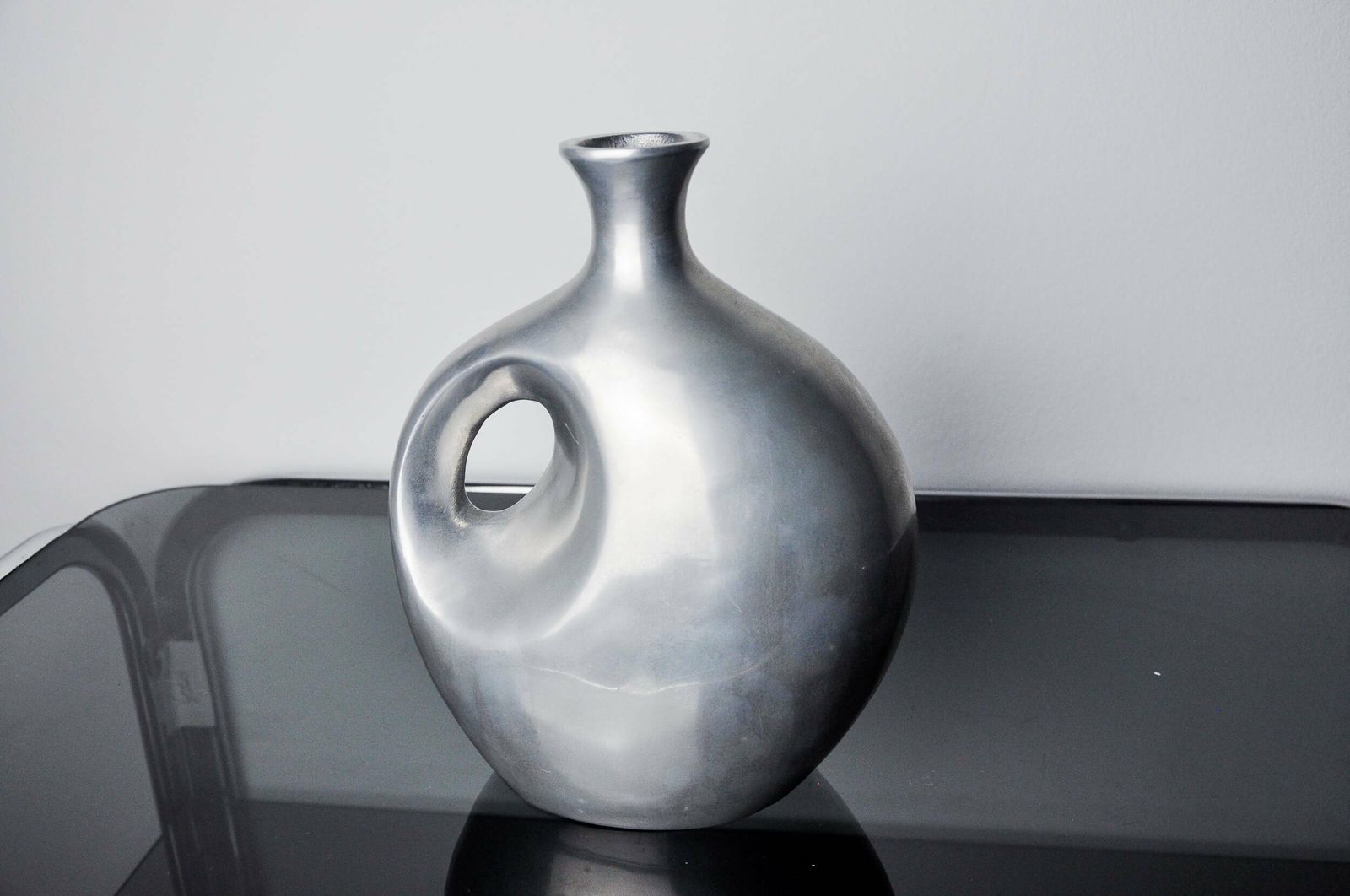 Biomorphic Vase By Art3, Aluminum And Blue Glazed Ceramic, Spain, 1980 photo buy