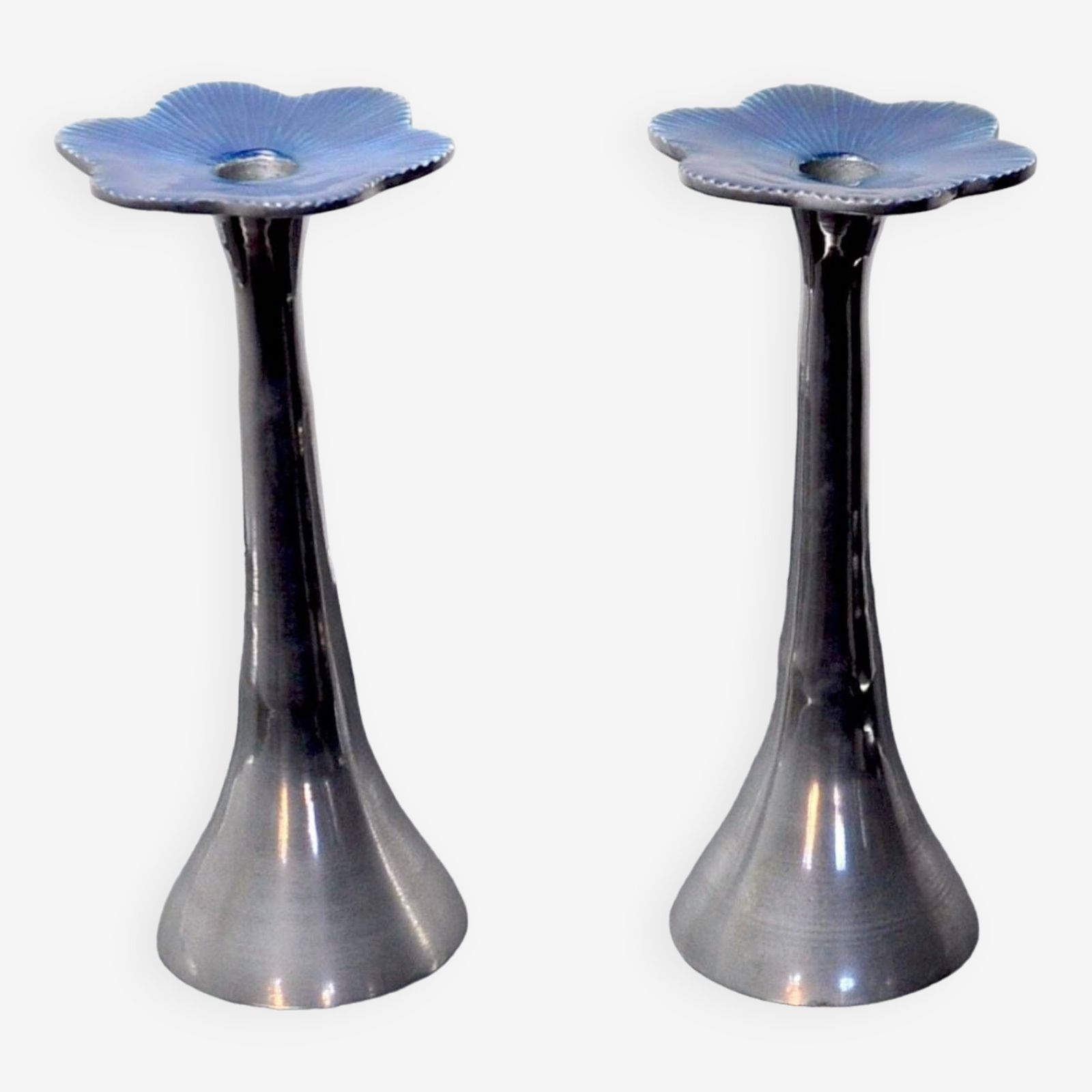 Pair Of Floral Candlesticks By Art3, Aluminum And Blue Enameled Ceramic, Spain, 1980