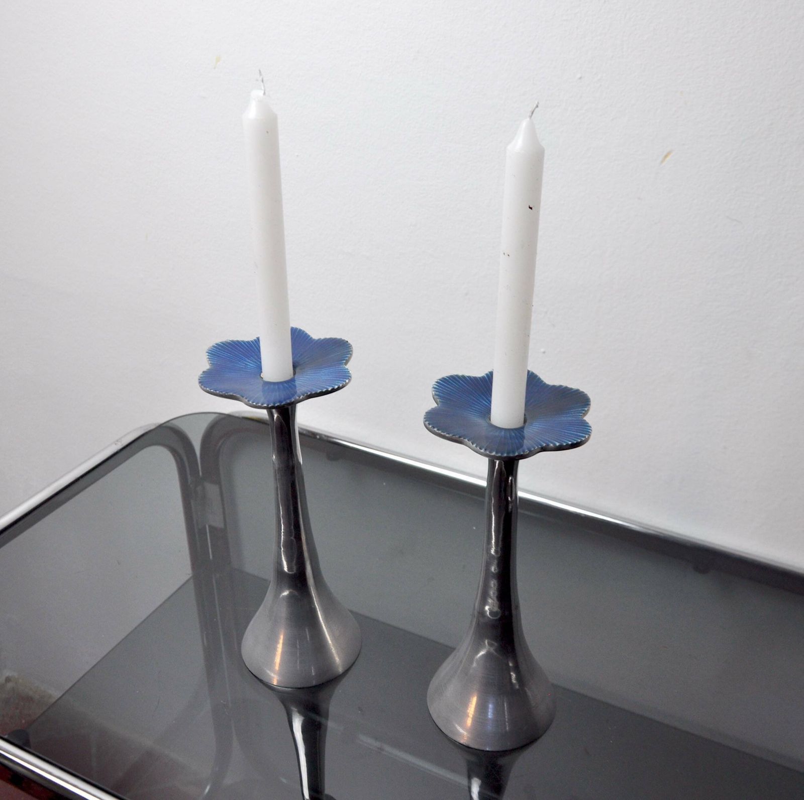 Pair Of Floral Candlesticks By Art3, Aluminum And Blue Enameled Ceramic, Spain, 1980 photo furniture
