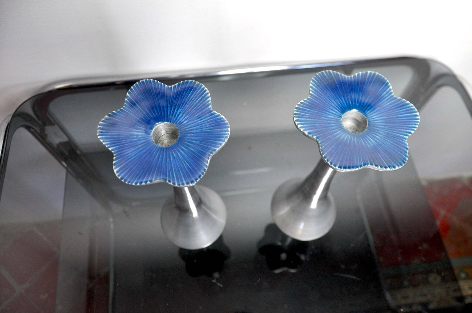 Pair Of Floral Candlesticks By Art3, Aluminum And Blue Enameled Ceramic, Spain, 1980 photo buy