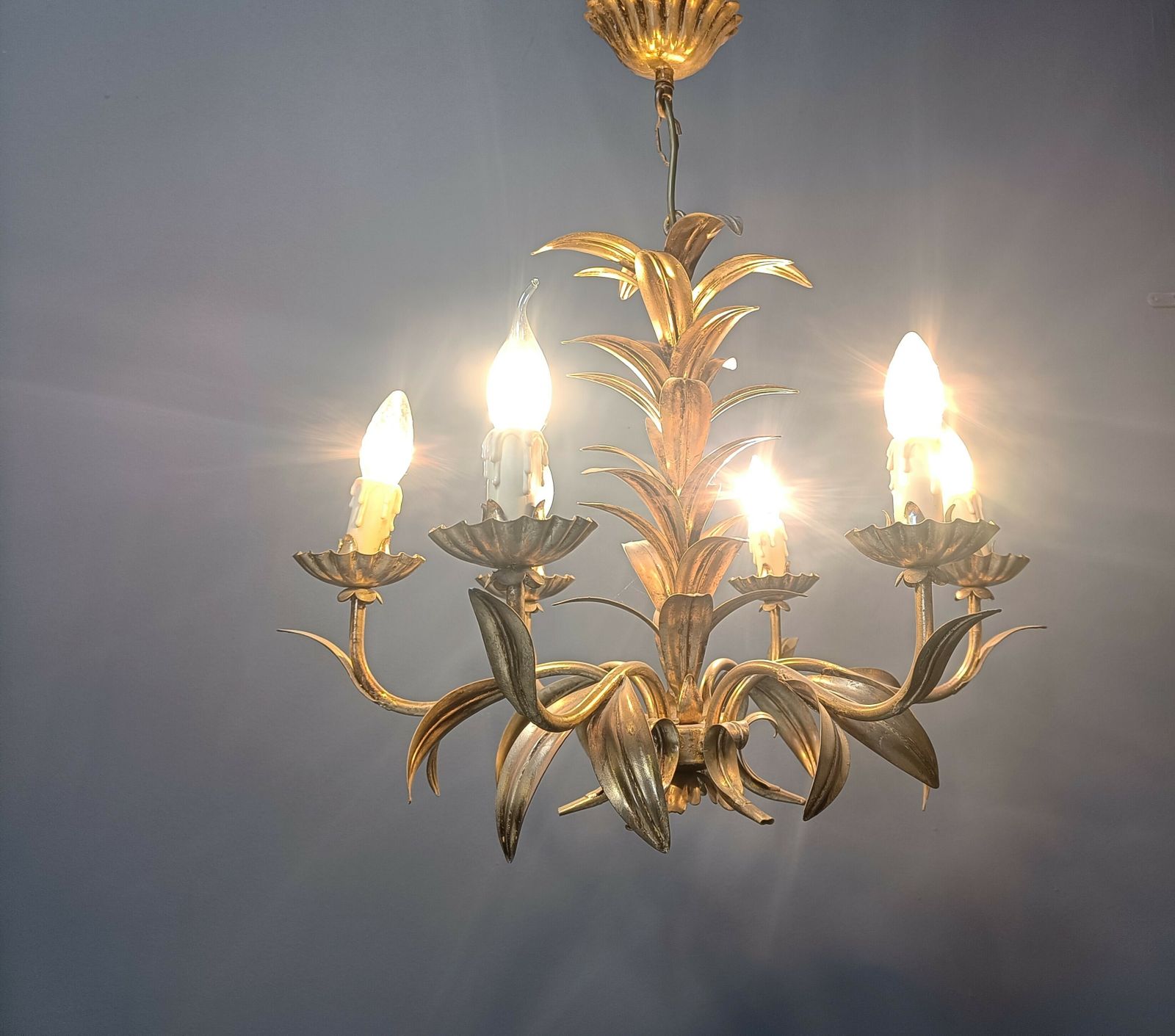 Vintage Gilt Metal Pineapple Leaf Chandelier, 1960s photo 595.0
