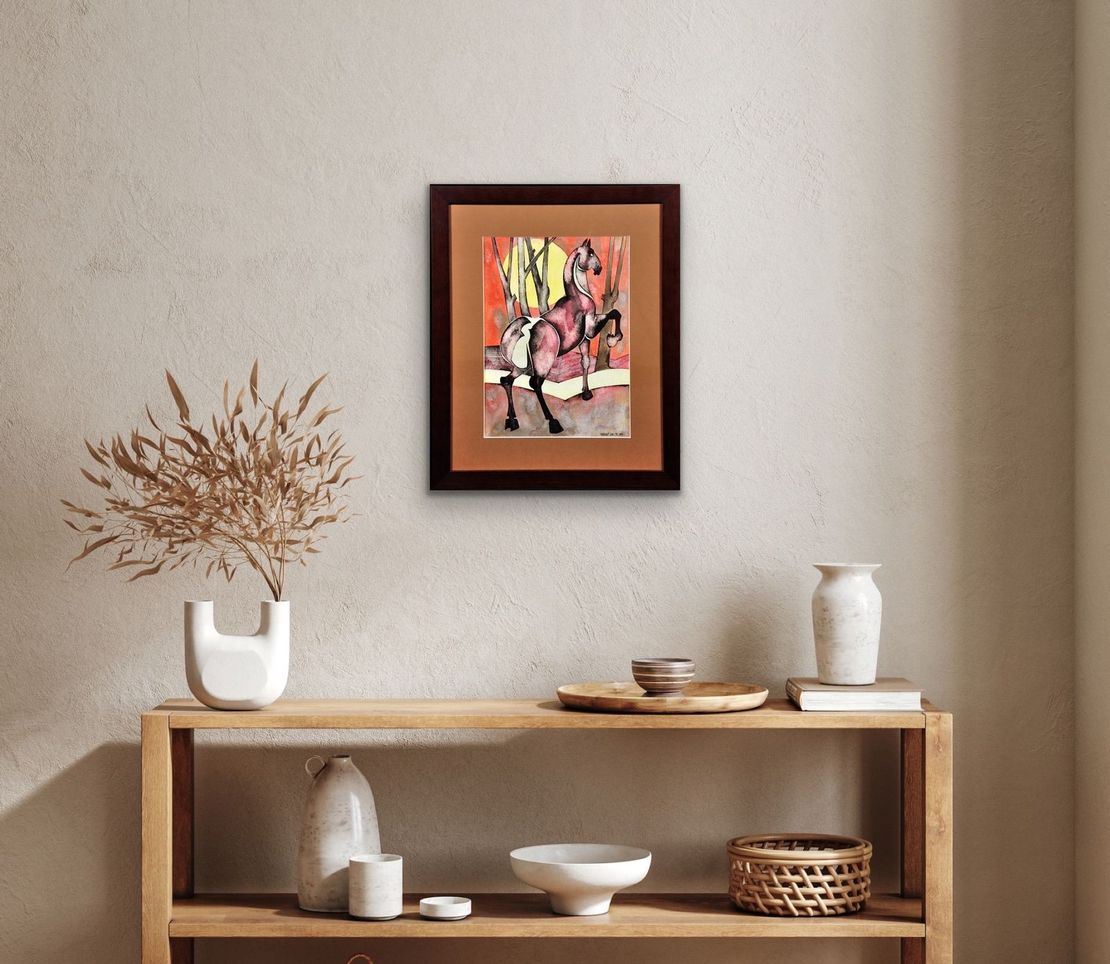 photo vinterior Geoffrey Key B.1941. English. Horse With Rising Sun, 1989. Framed Watercolour And Ink On Paper. Modern British. Northern Art. Manchester. Salford.