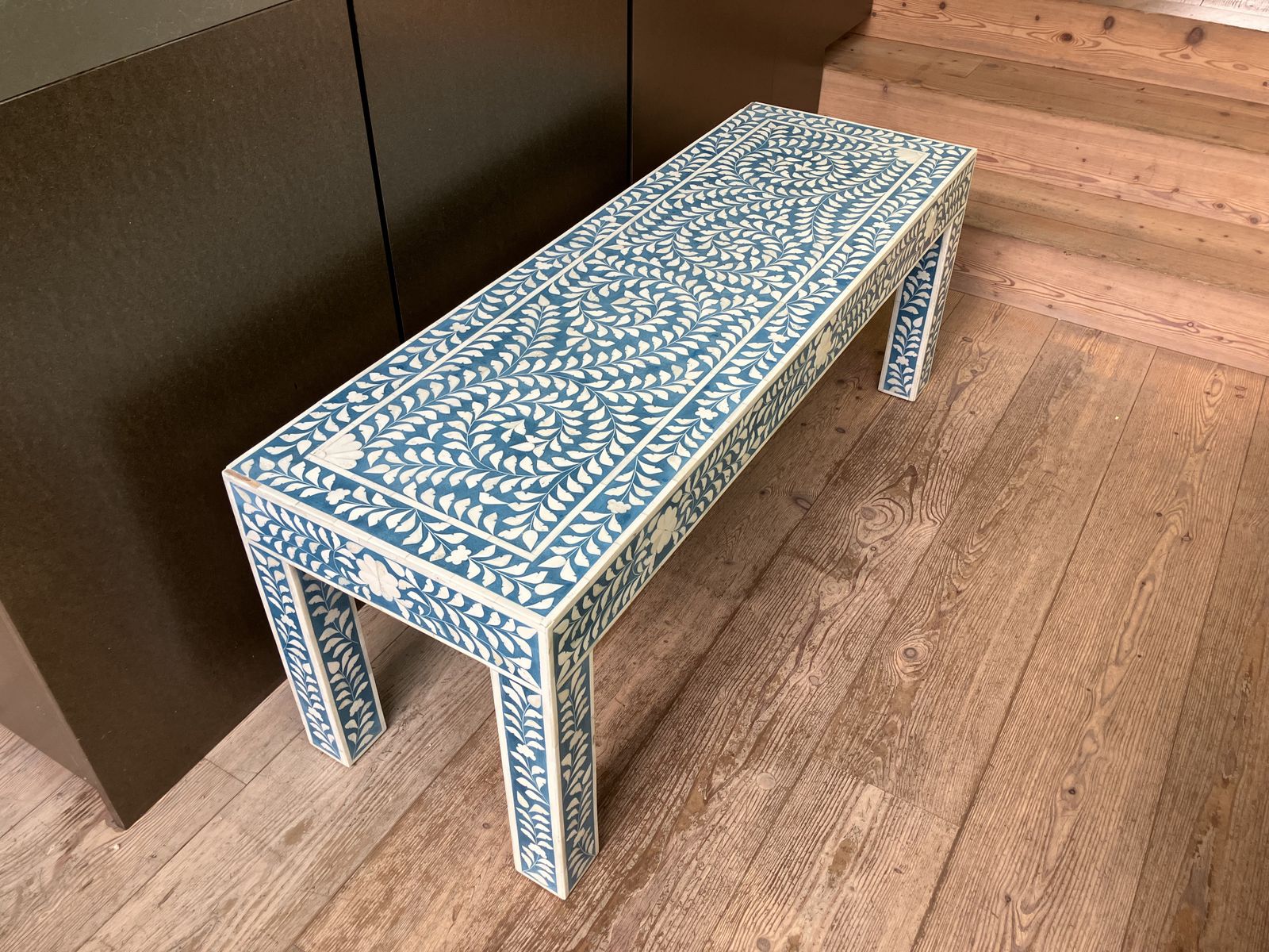 Handmade Bone Inlay Coffee Table – Intricate Blue And White Floral Design photo for sale