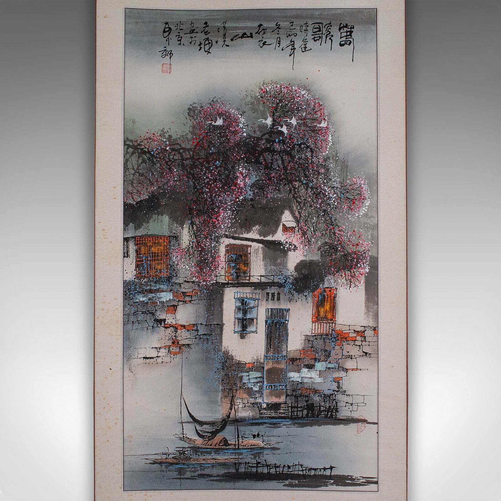 Tall Contemporary Ink Painting Scroll, Chinese, Silk Cotton, Ceramic, Wall Art photo Art