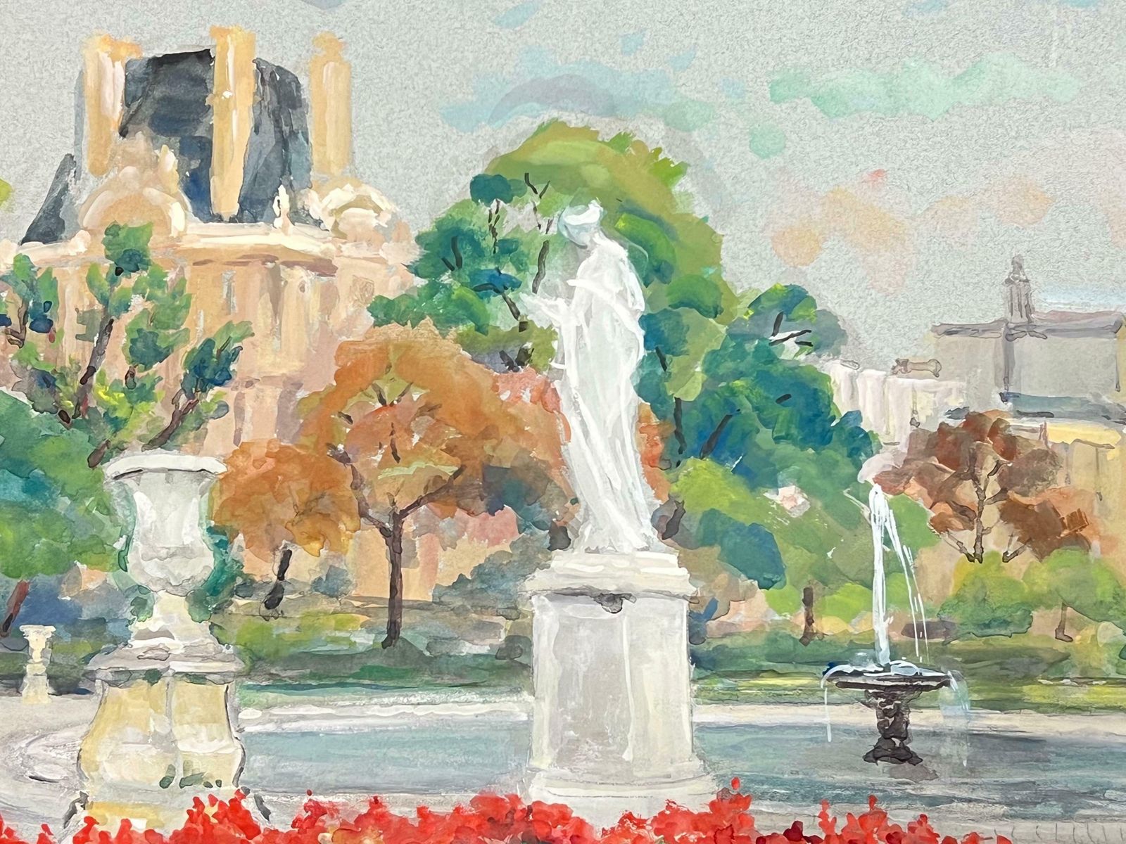 Regine Davidjardins Du Tuilieries Paris Park Scene Flowers & The Louvre 1950's French Oil1950's photo for sale