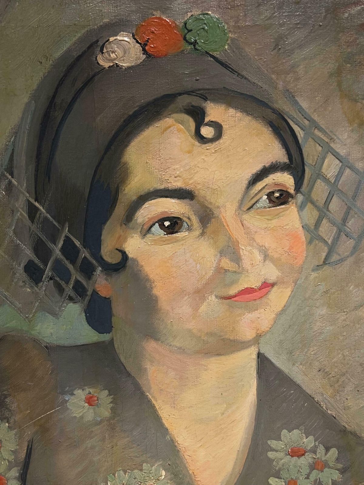 Therese Hummel1930's French Post Impressionist Oil Elegant Portrait Of Woman In Floral Attire1937 photo for sale