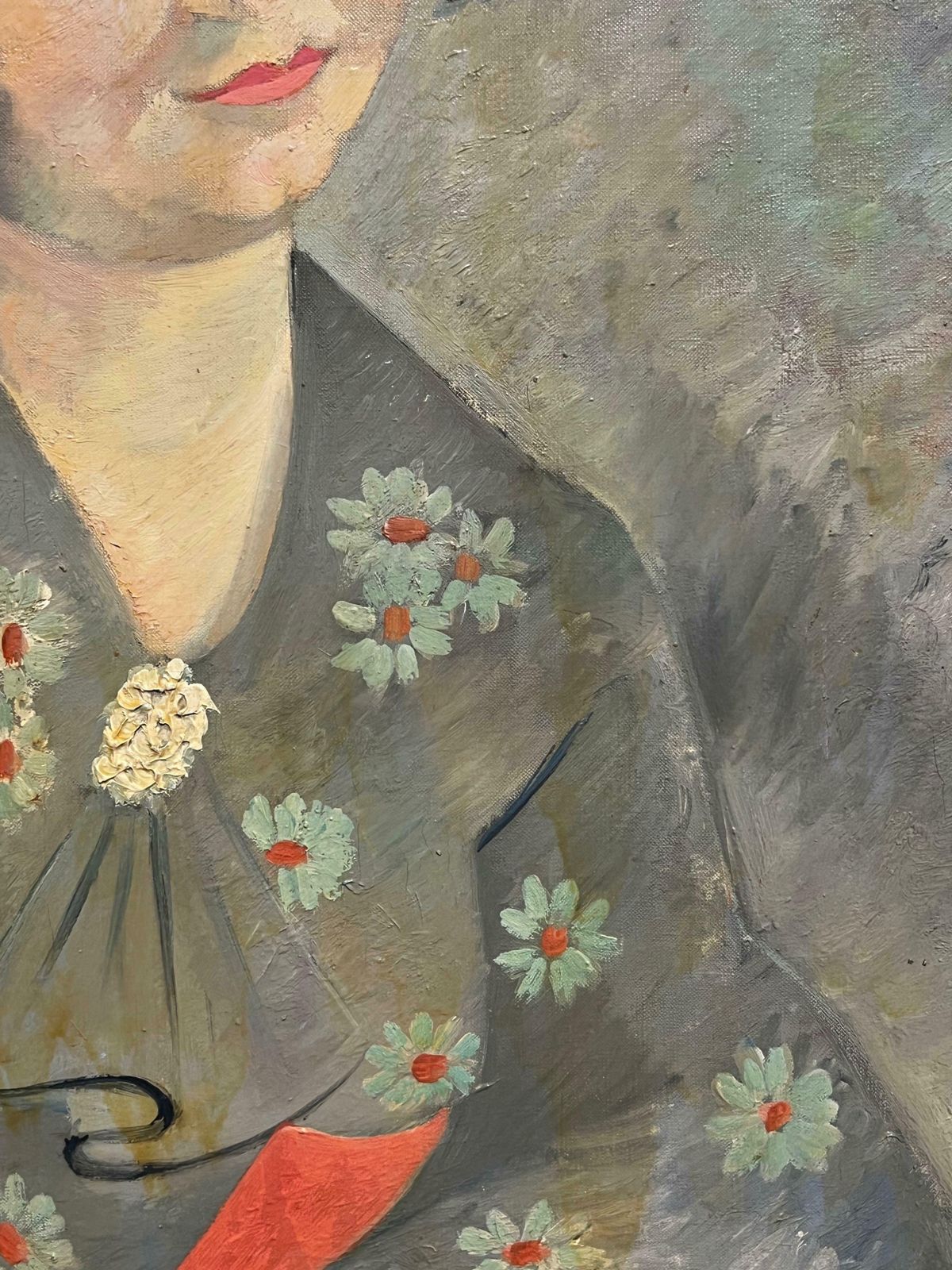 photo for sale Therese Hummel1930's French Post Impressionist Oil Elegant Portrait Of Woman In Floral Attire1937