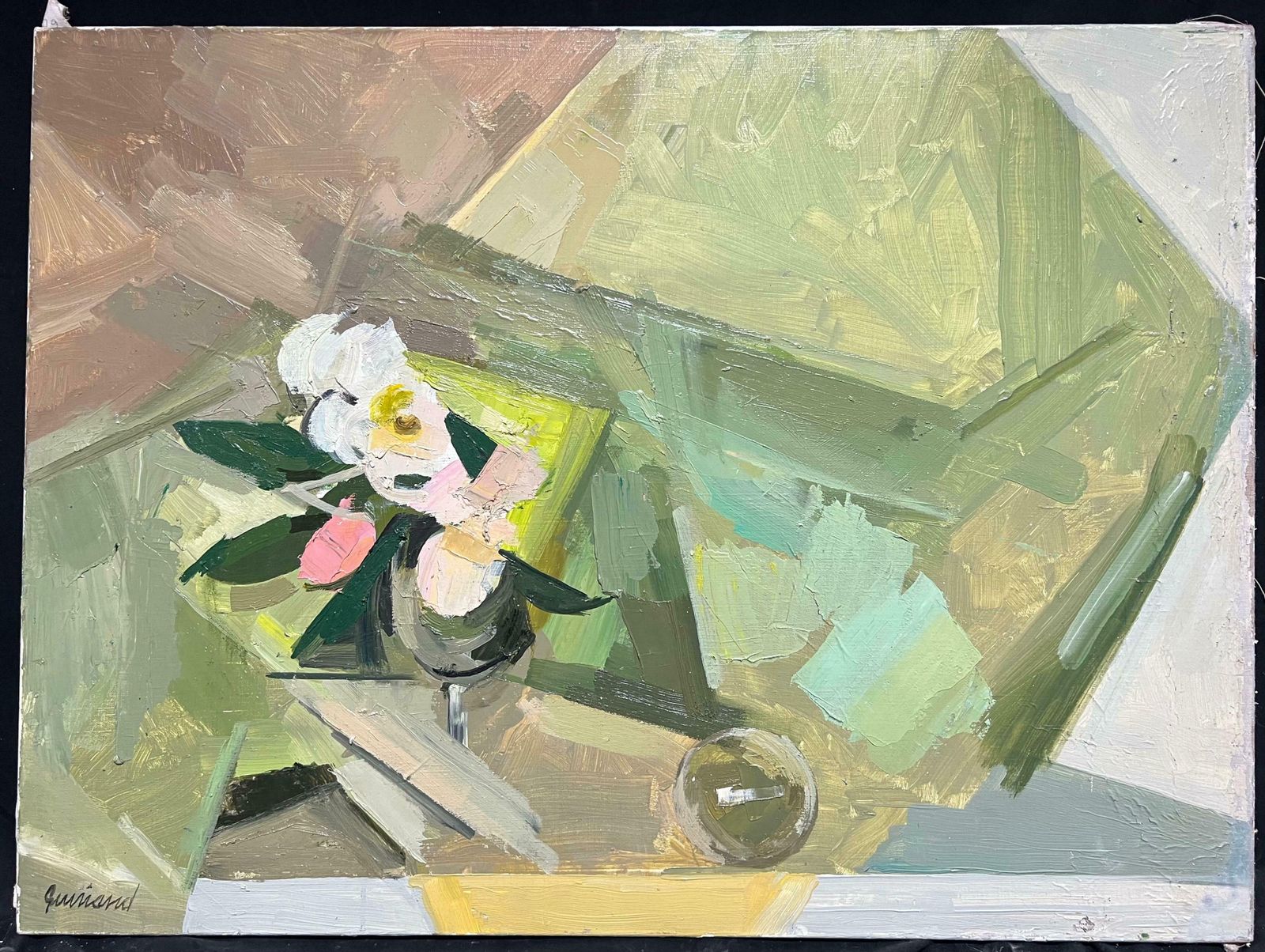 René Guinand (1892 1983)abstract Modernist Floral Still Life Geometric Oil Painting Soft Pastel Colors1977 photo furniture