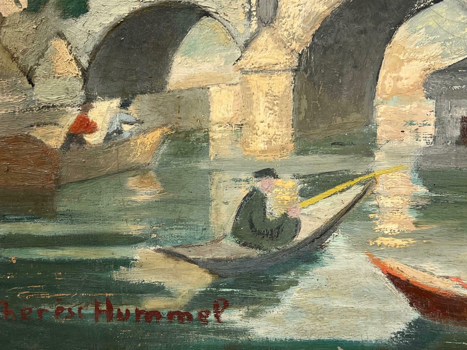 Therese Hummelmid 20th Century French Oil Riverside Scene With Figures Rowing And Stone Bridge1942 photo vinterior