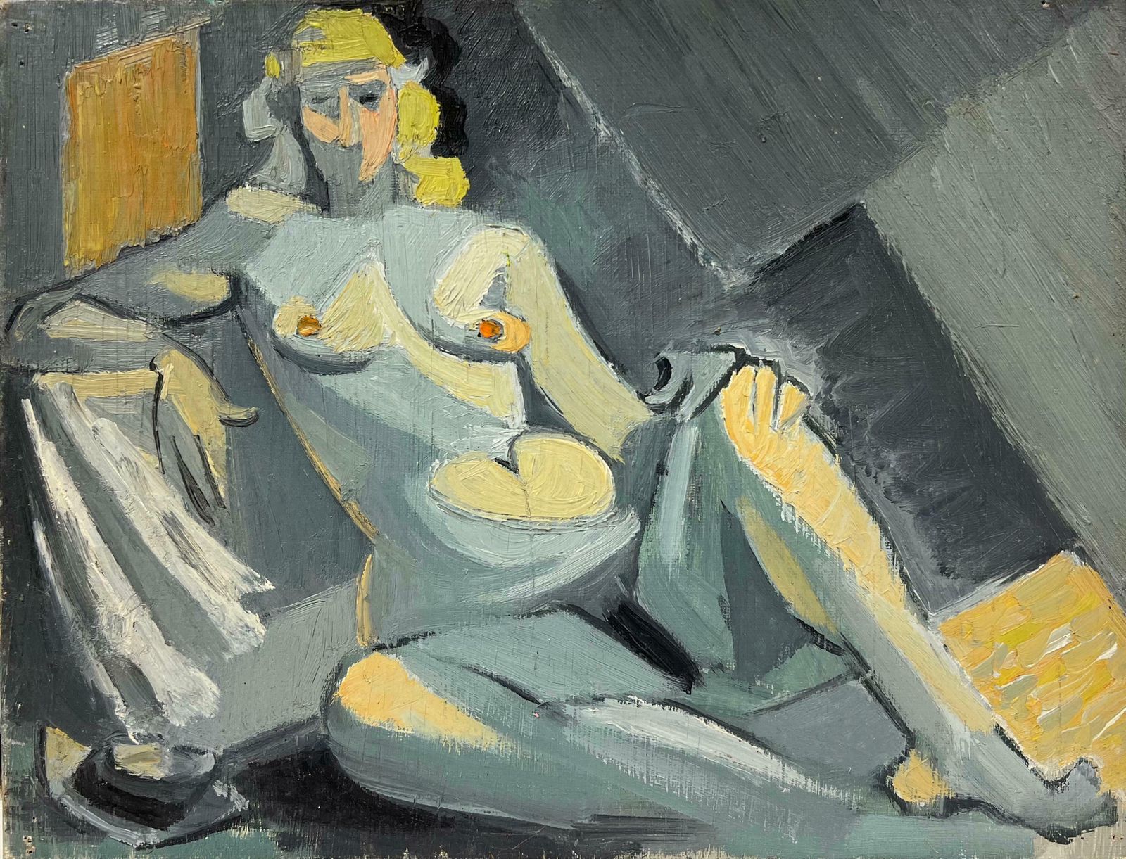 Therese Hummel Mid 20th C French Oil Cubist Nude Portrait Of A Blonde Woman In A Grey Interior1950