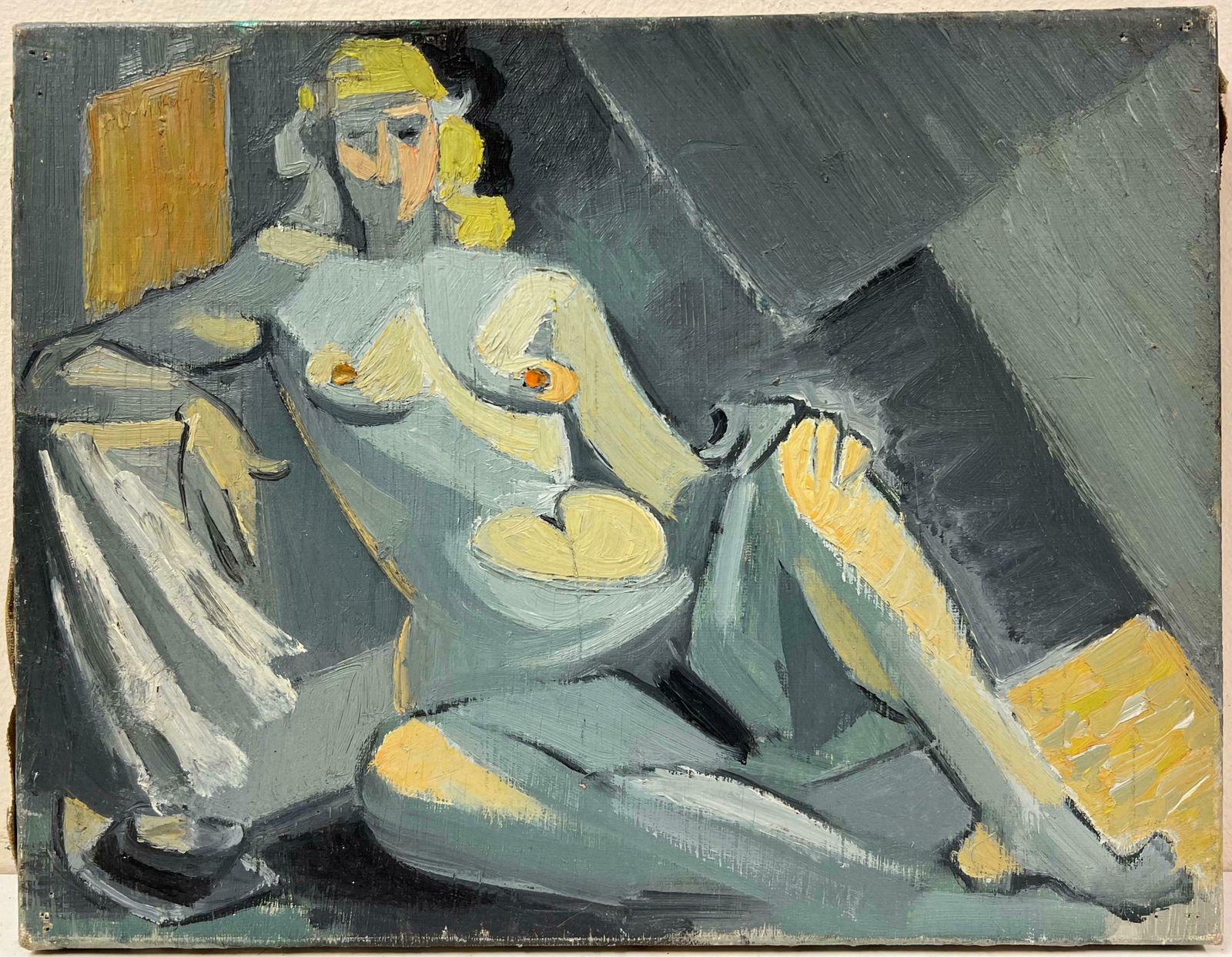 Therese Hummel Mid 20th C French Oil Cubist Nude Portrait Of A Blonde Woman In A Grey Interior1950 photo furniture