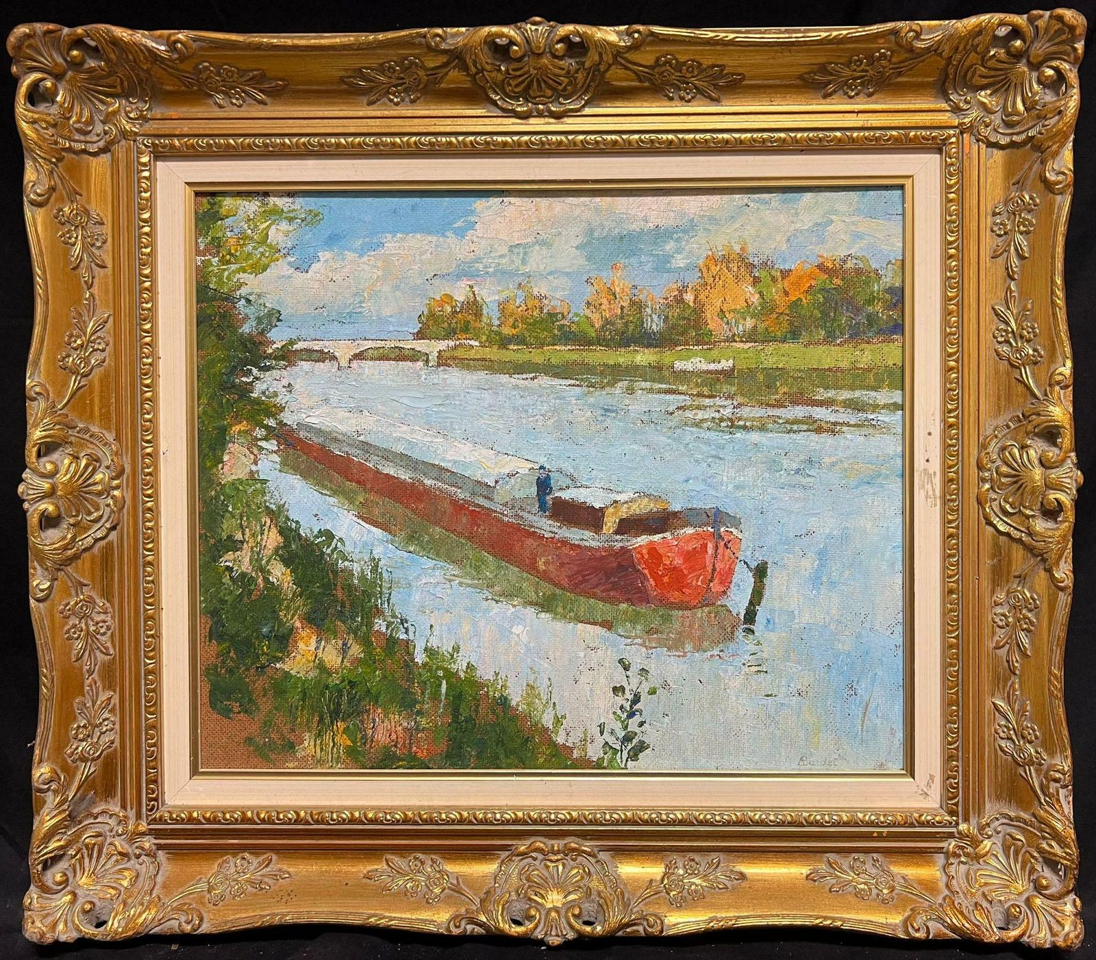 French Schoolmid 20th Century French Modernist Signed Oil River Scene With Red House Boat