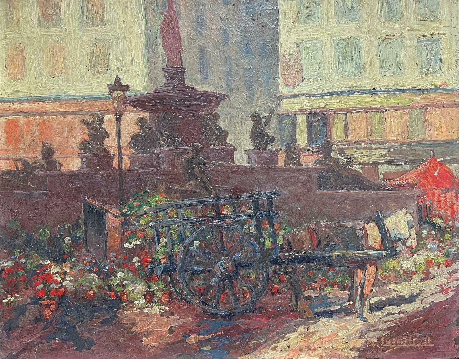 French Schoolantique French Impressionist Oil Street Scene With Flower Seller Cart & Fountainearly 20th Century