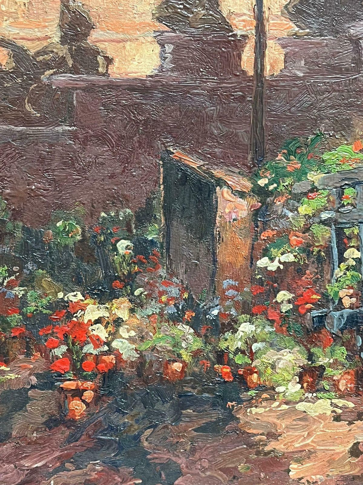 French Schoolantique French Impressionist Oil Street Scene With Flower Seller Cart & Fountainearly 20th Century photo Art