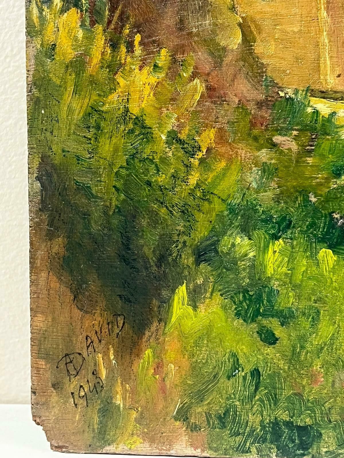 Regine David1940's French Impressionist Signed Oil Green Fields Village Lane Old Houses1948 photo Art