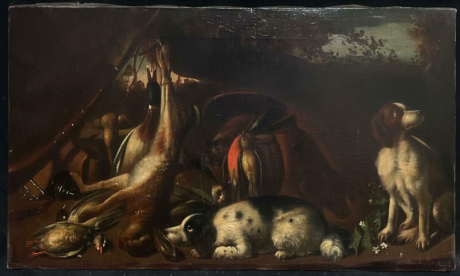 Italian 19th Centurylarge Antique Oil Still Life With Hunting Dogs & Game Classic Sporting Scene19th Century photo furniture