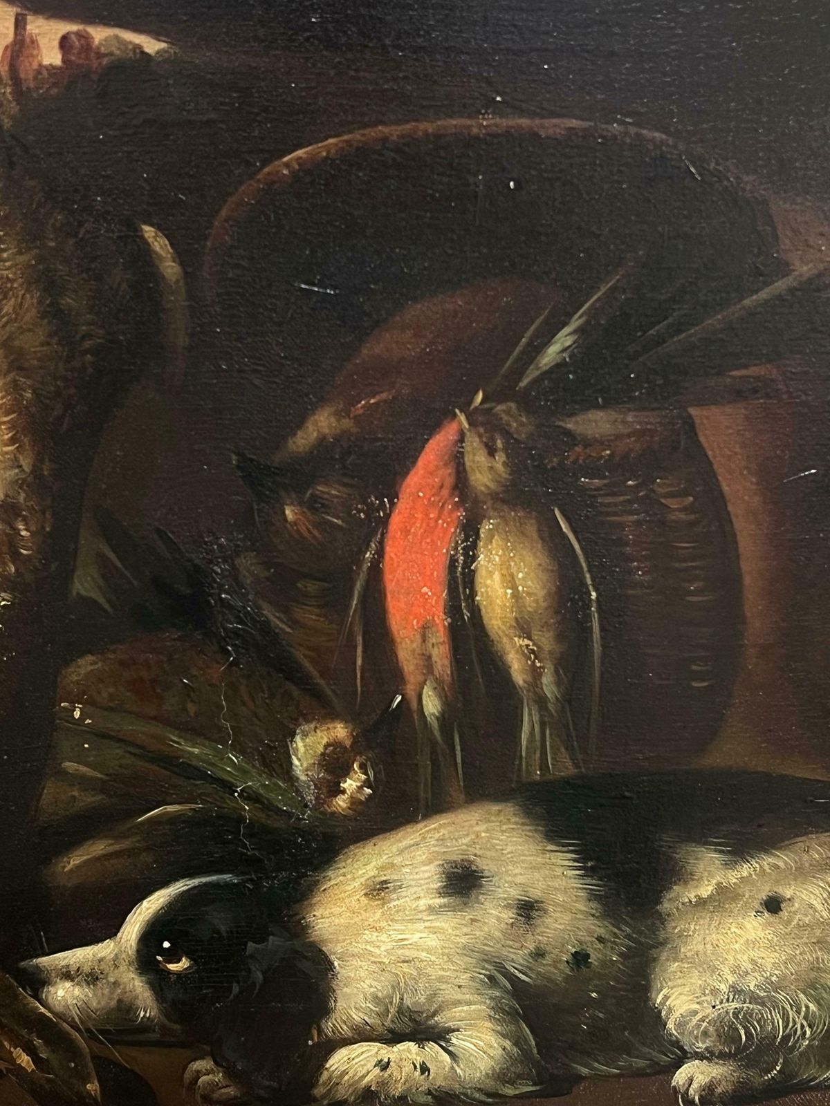 Italian 19th Centurylarge Antique Oil Still Life With Hunting Dogs & Game Classic Sporting Scene19th Century photo vinterior