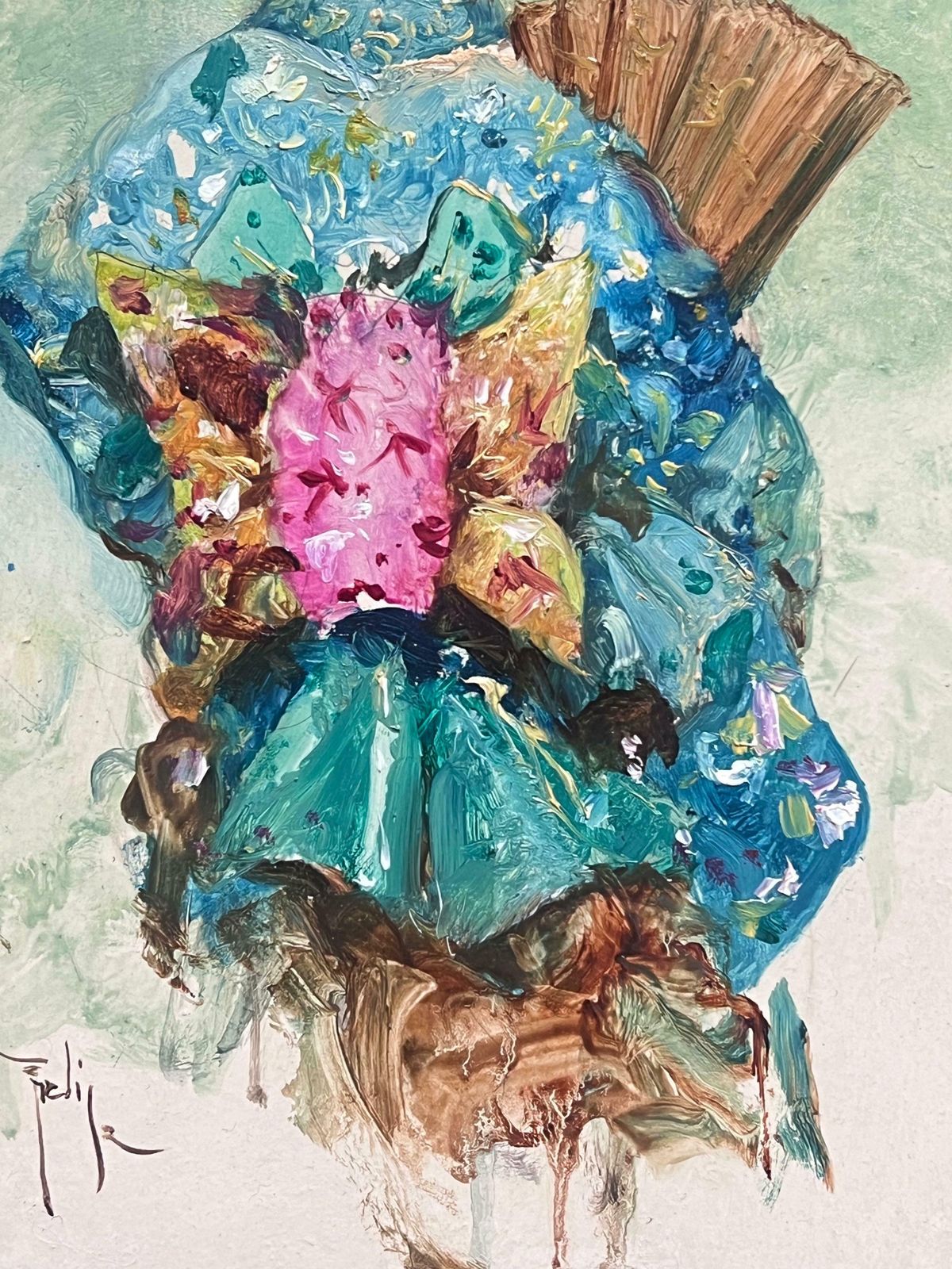 European Schoolgeisha Girl Elegant In Blue Traditional Kimono With Fan Impressionist Portrait20th Century photo Art