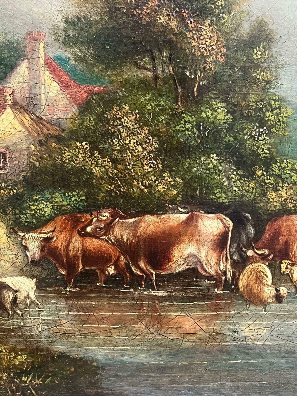 French Schoolcountry Tranquility Cattle And Sheep Crossing A Stream In A Peaceful Landscape19th Century photo Art