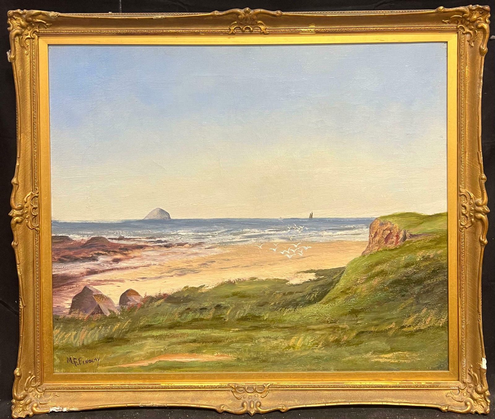 English Schoolantique English Oil Cornish Beach Scene With Distant Island Coastal Landscape1920's