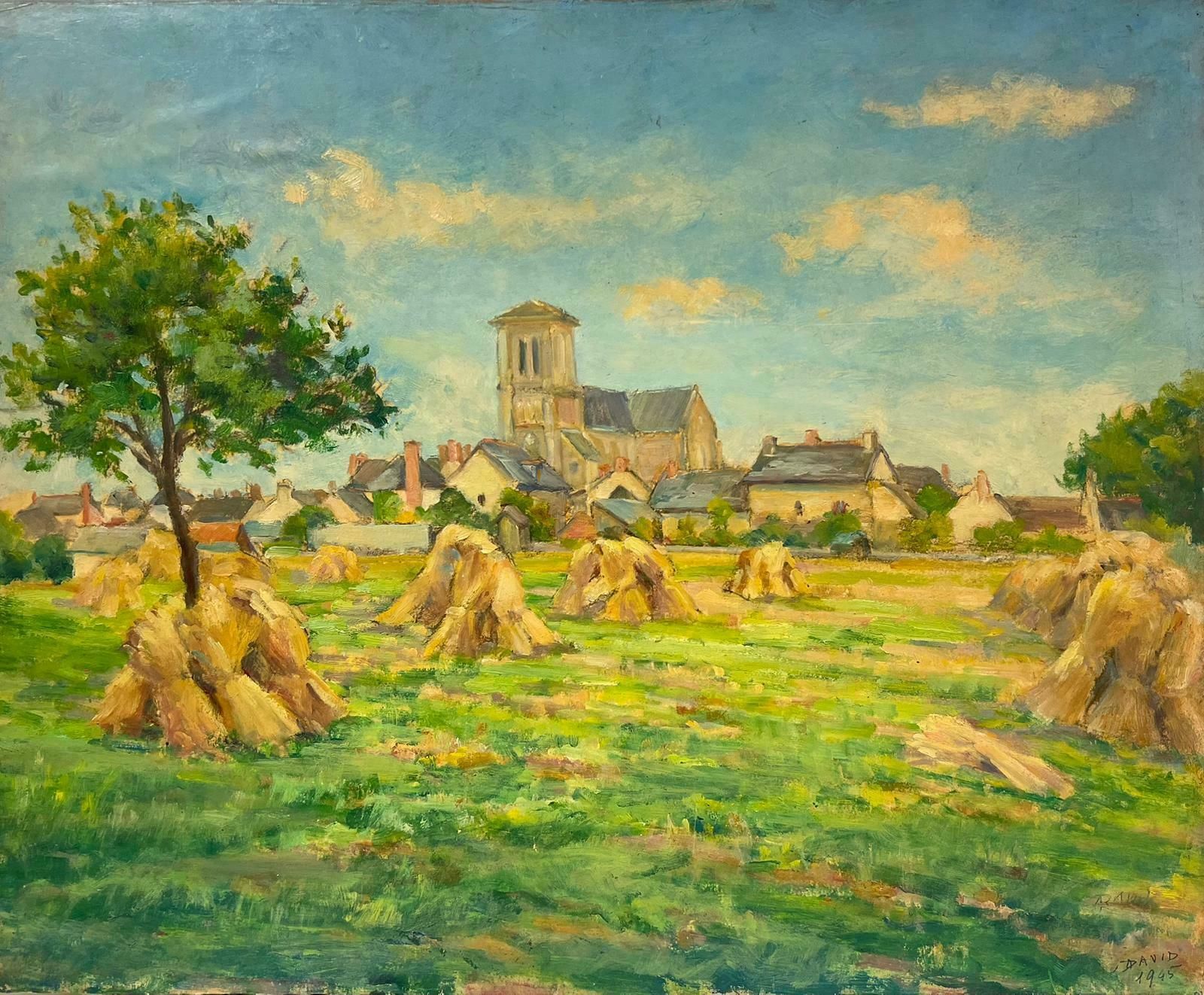 Regine David1940's French Impressionist Signed Oil Wheatsheaves In Village Harvest Field1945
