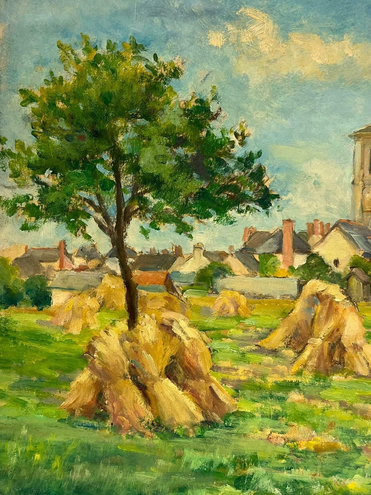 Regine David1940's French Impressionist Signed Oil Wheatsheaves In Village Harvest Field1945 photo Art