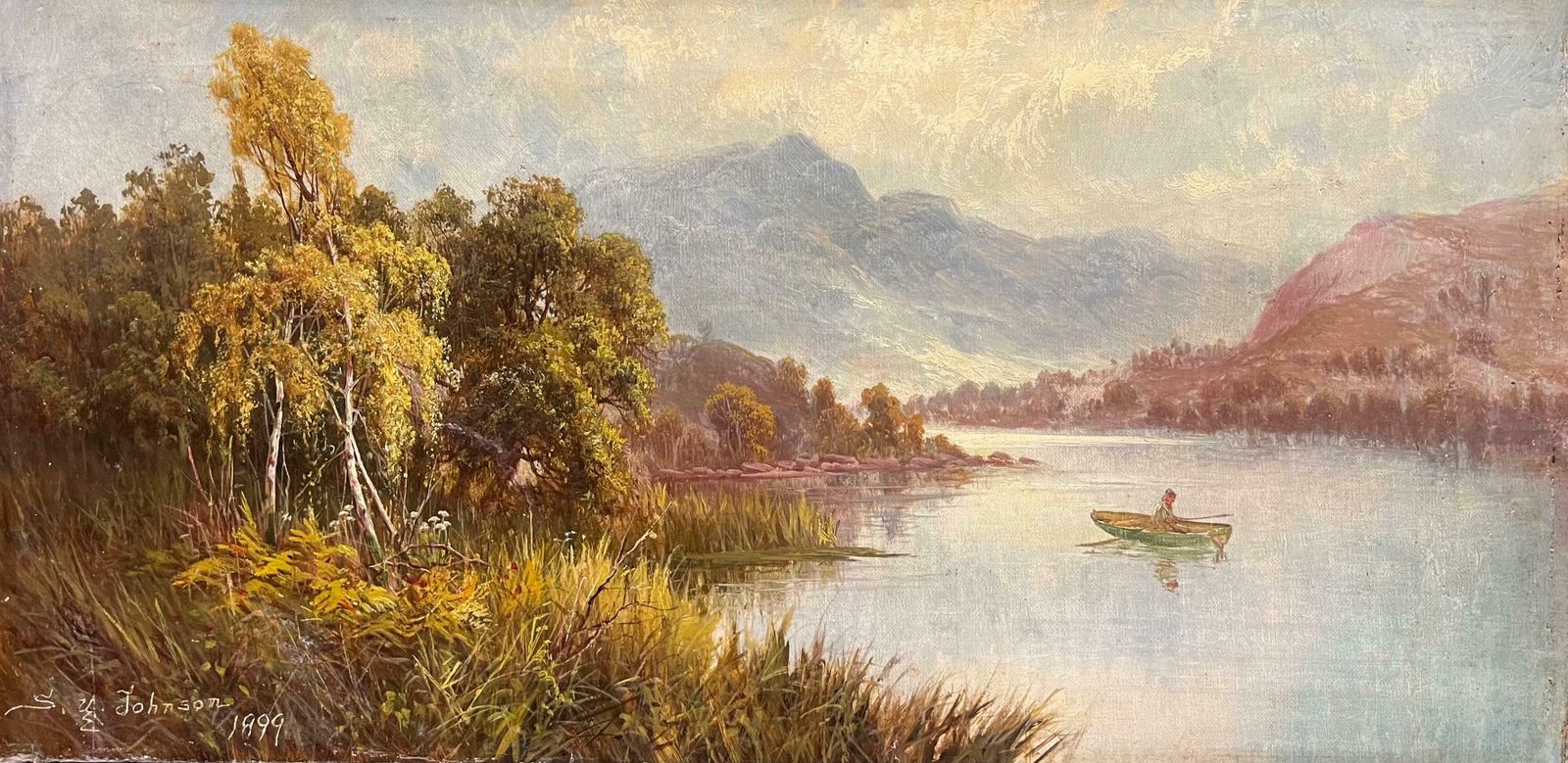 Sidney Yates Johnsonantique Scottish Highlands Loch Scene With Boatman Tranquil Signed Painting1899