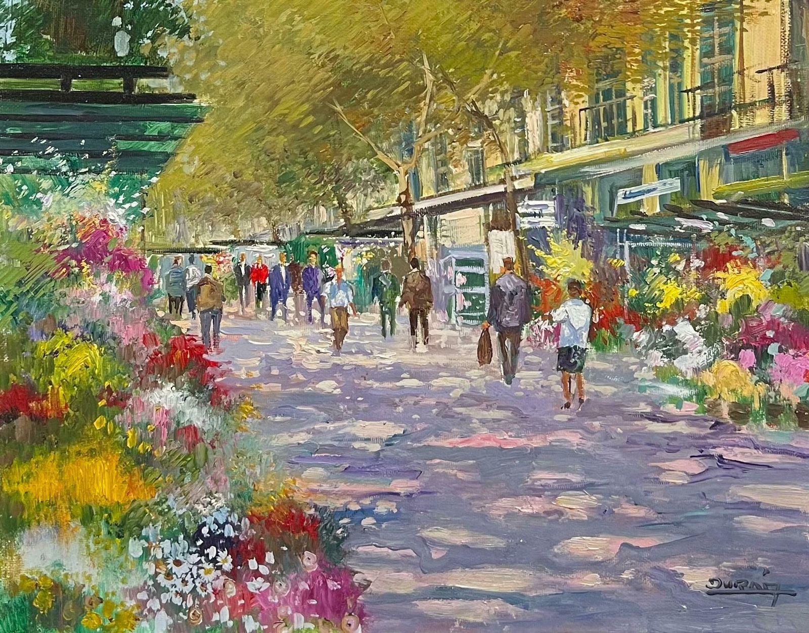 French Schoolmid 20th Century Purple Tracked Parisian Boulevard Scene With Flower Stalls Mid 20th Century