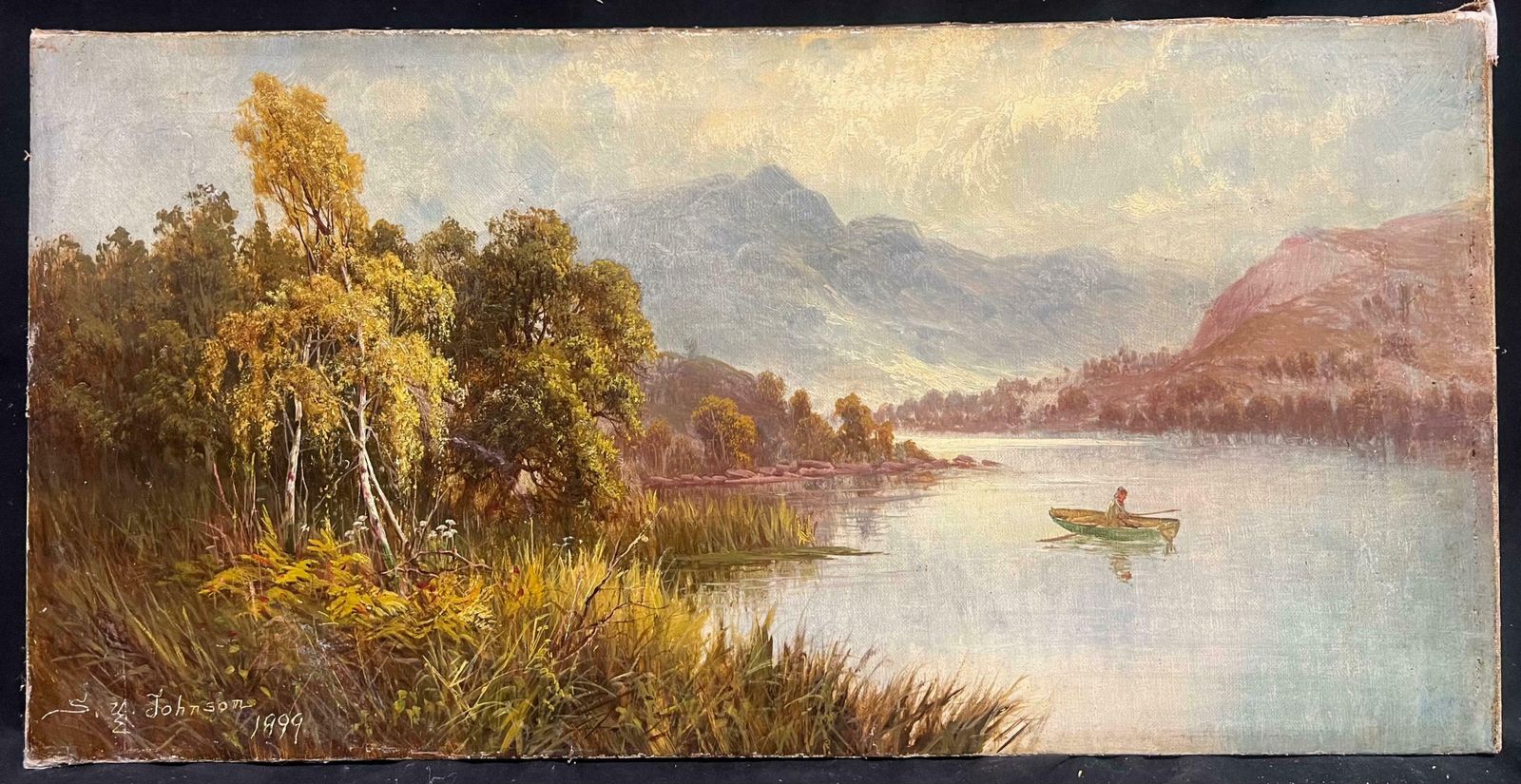 Sidney Yates Johnsonantique Scottish Highlands Loch Scene With Boatman Tranquil Signed Painting1899 photo furniture