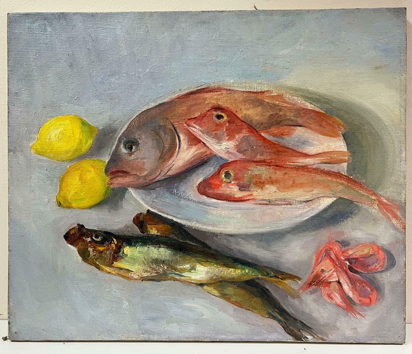 Regine Davidmid 20th Century 1950s French Oil Still Life Pink Fish & Lemons On Plate1950's photo furniture