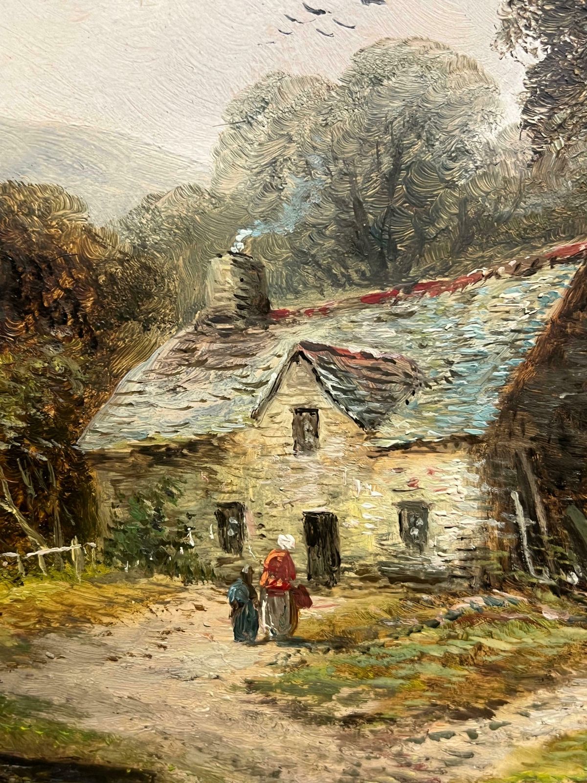 Welsh Schoolantique Welsh Oil Painting Charming Cottage With Figures In Countryside Setting 19th Century photo vinterior