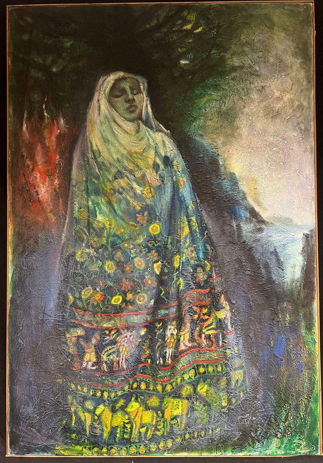 French Schoolhuge Portrait Veiled Female In Dreamlike Fusion Of Spirituality And Nature1970's photo furniture