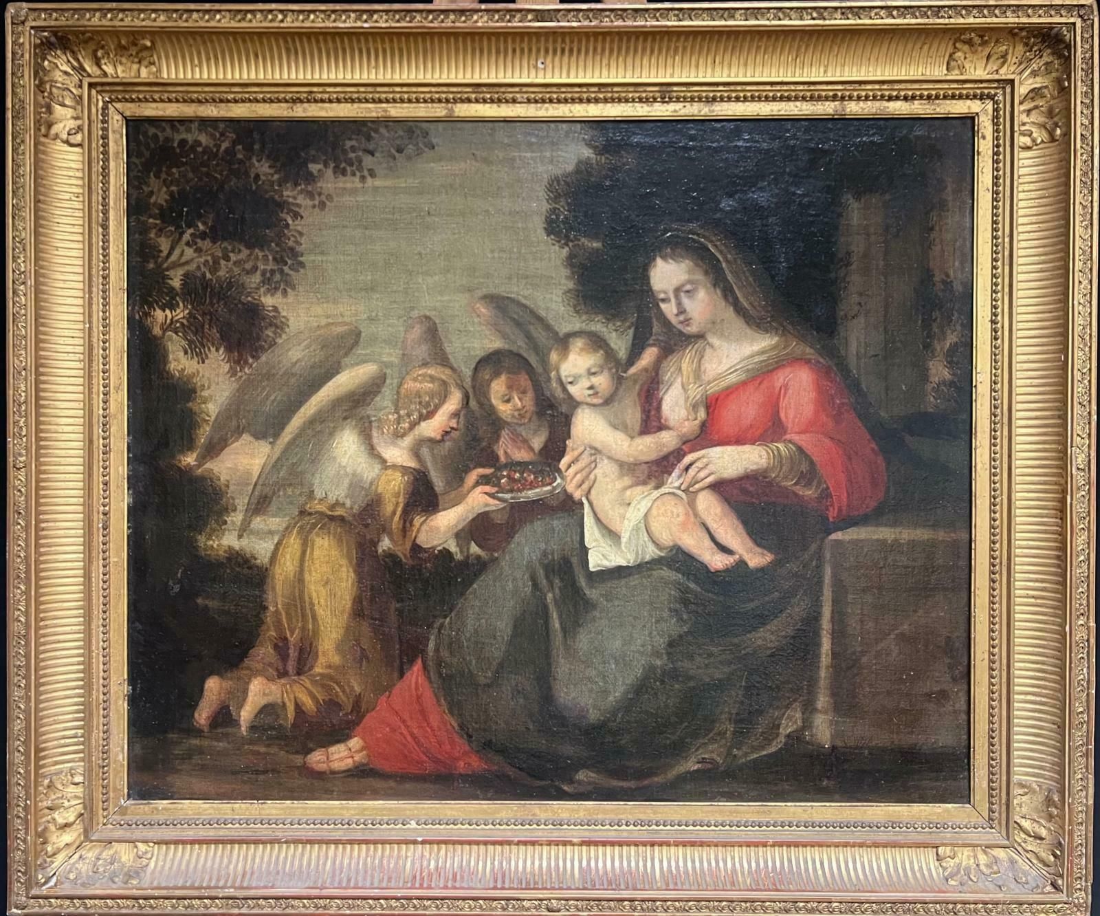17th Century Italian School17th Century Painting Baroque Madonna & Child Attendant Angels Offering Gifts 17th Century