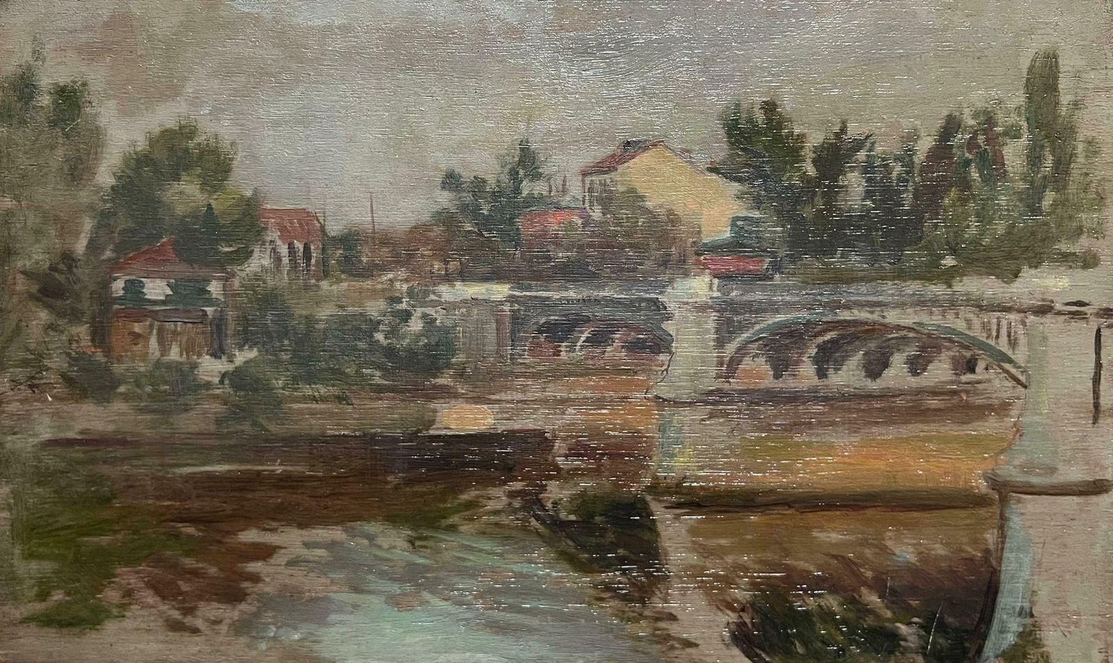 French Schoolantique French Impressionist Oil Grey Bridge Riverside Landscape Through Town1900's