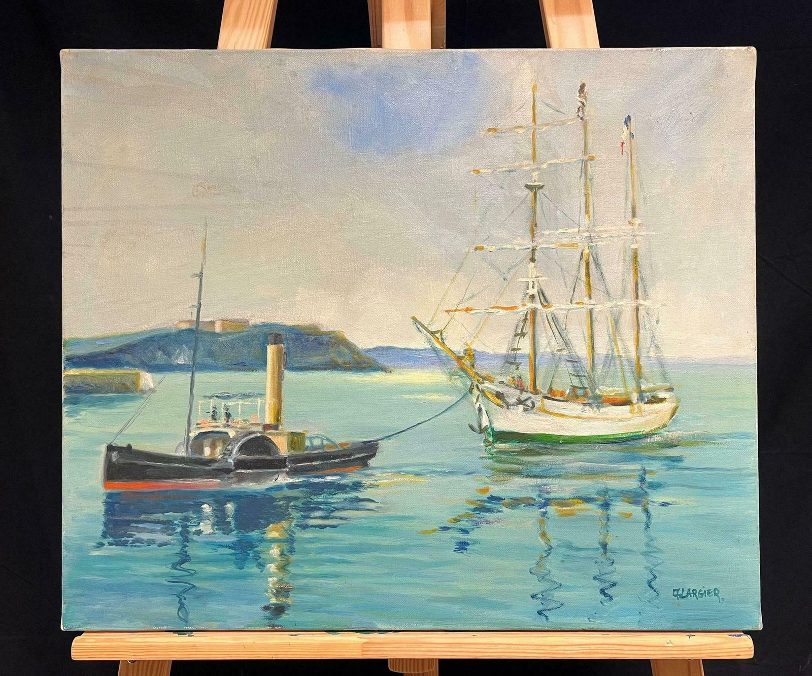 French School20th Century French Oil Blue Maritime Scene Of Steamship And Classic Yacht20th Century photo furniture