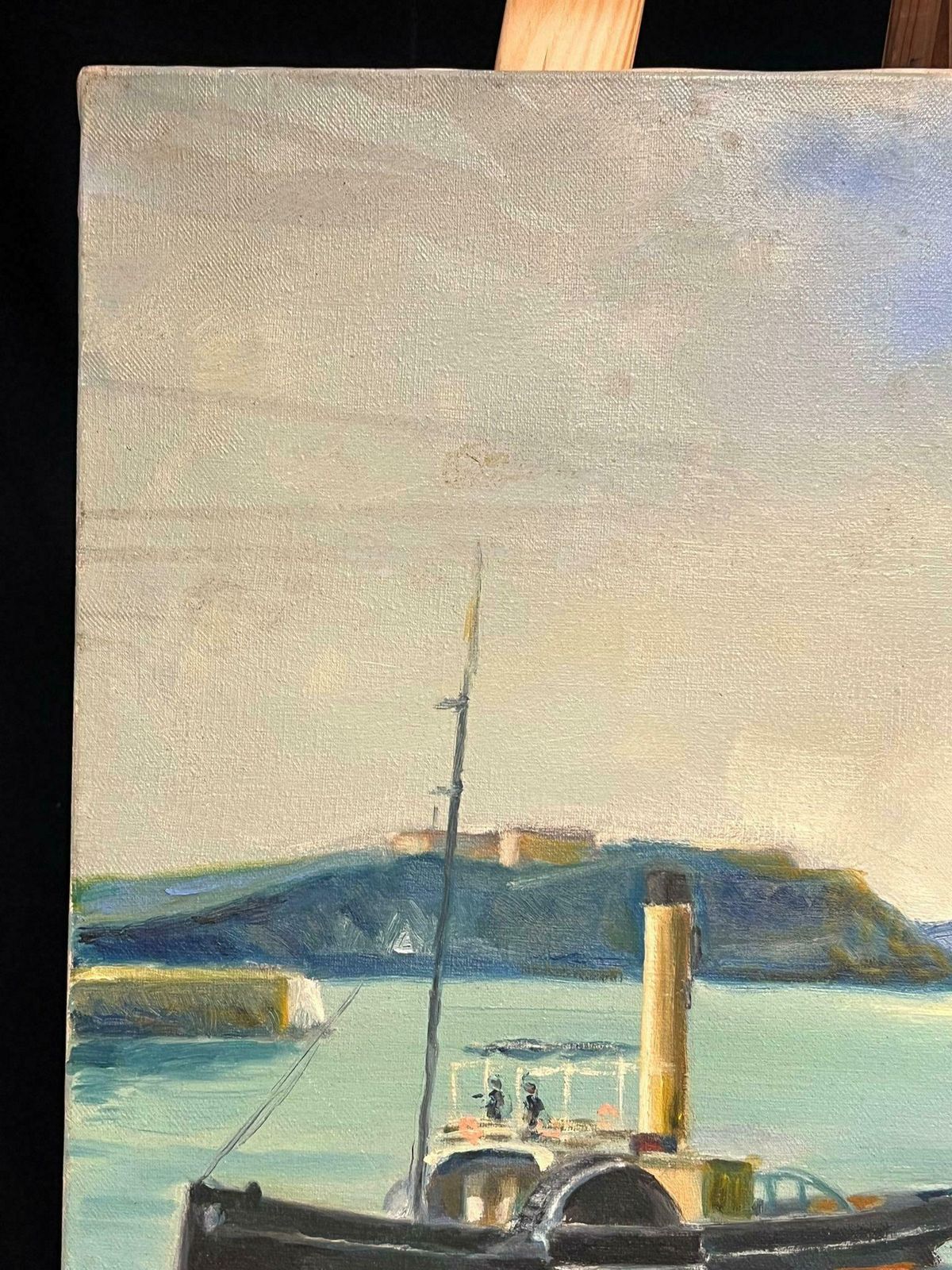 French School20th Century French Oil Blue Maritime Scene Of Steamship And Classic Yacht20th Century photo vintage