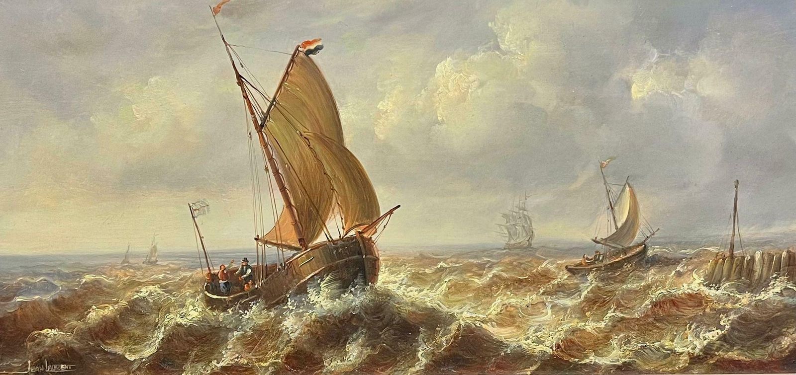 Jean Laurent  Dutch Fishing Boats In A Swell Seascape With Sailing Ships In Rough Waters19th Century photo furniture
