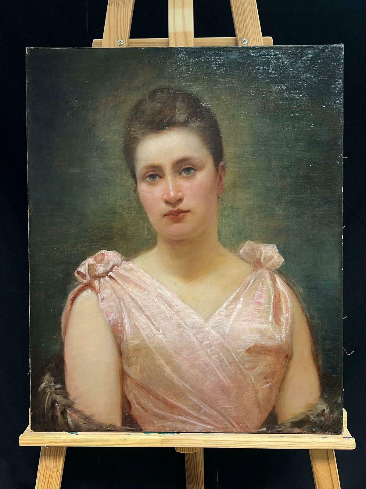 French School19th Century French Portrait Of A Lady In Pink Silk Gown Belle Epoque Period1893 photo furniture
