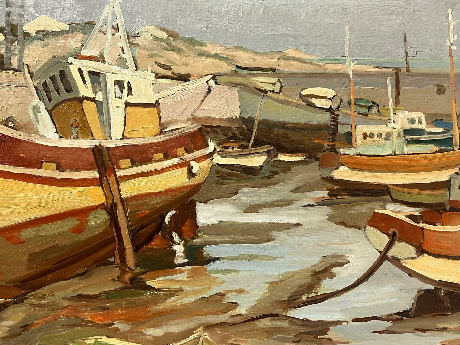 Georges Bordonove1970's French Post Impressionist Oil Painting Old Fishing Boats Low Tide Harbor1970's photo for sale